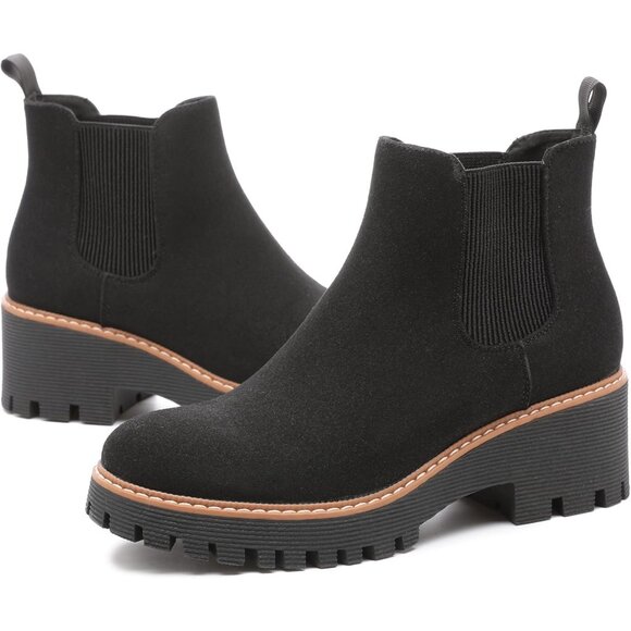 Womens Black Suede Leather Low Wedge Heel Slip On Chunky Platform Ankle Boots - Picture 5 of 6